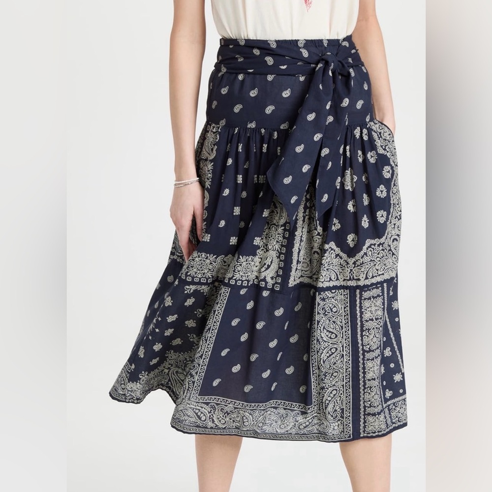 THE GREAT Navy Bandana Print Skirt